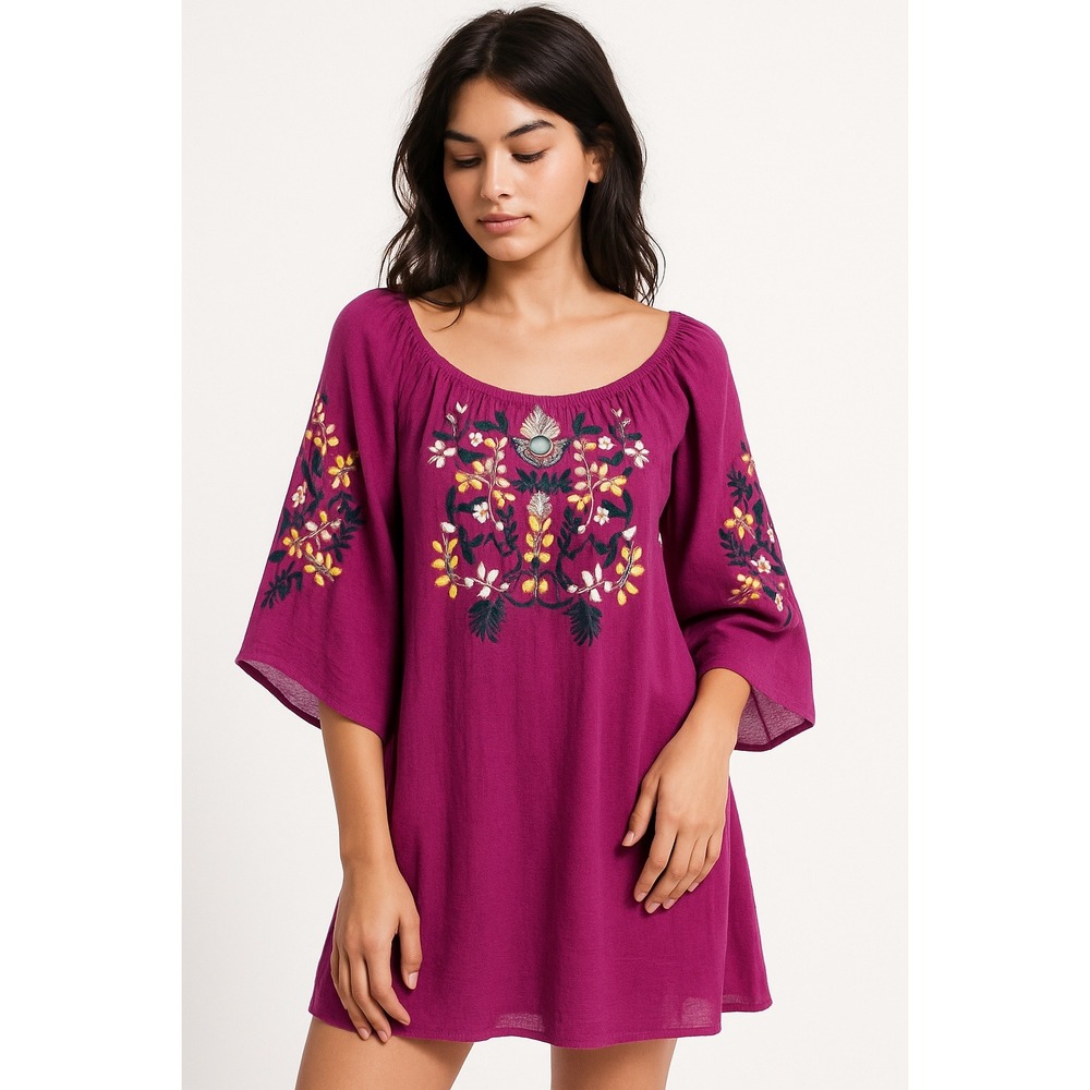 J Gee Embroidered Off Shoulder Dress Purple Bell Sleeve Tunic Size PM Boho Indie